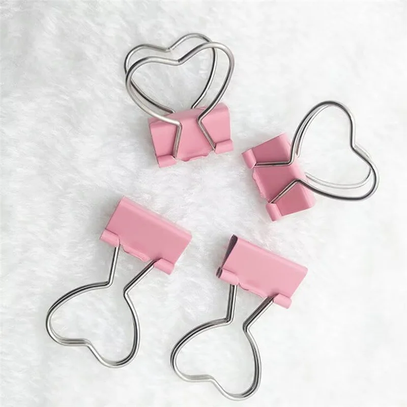 60PSC Heart Shape Metal Binder Clips With Heart Shaped Handle, Heart Hollow Out Pink