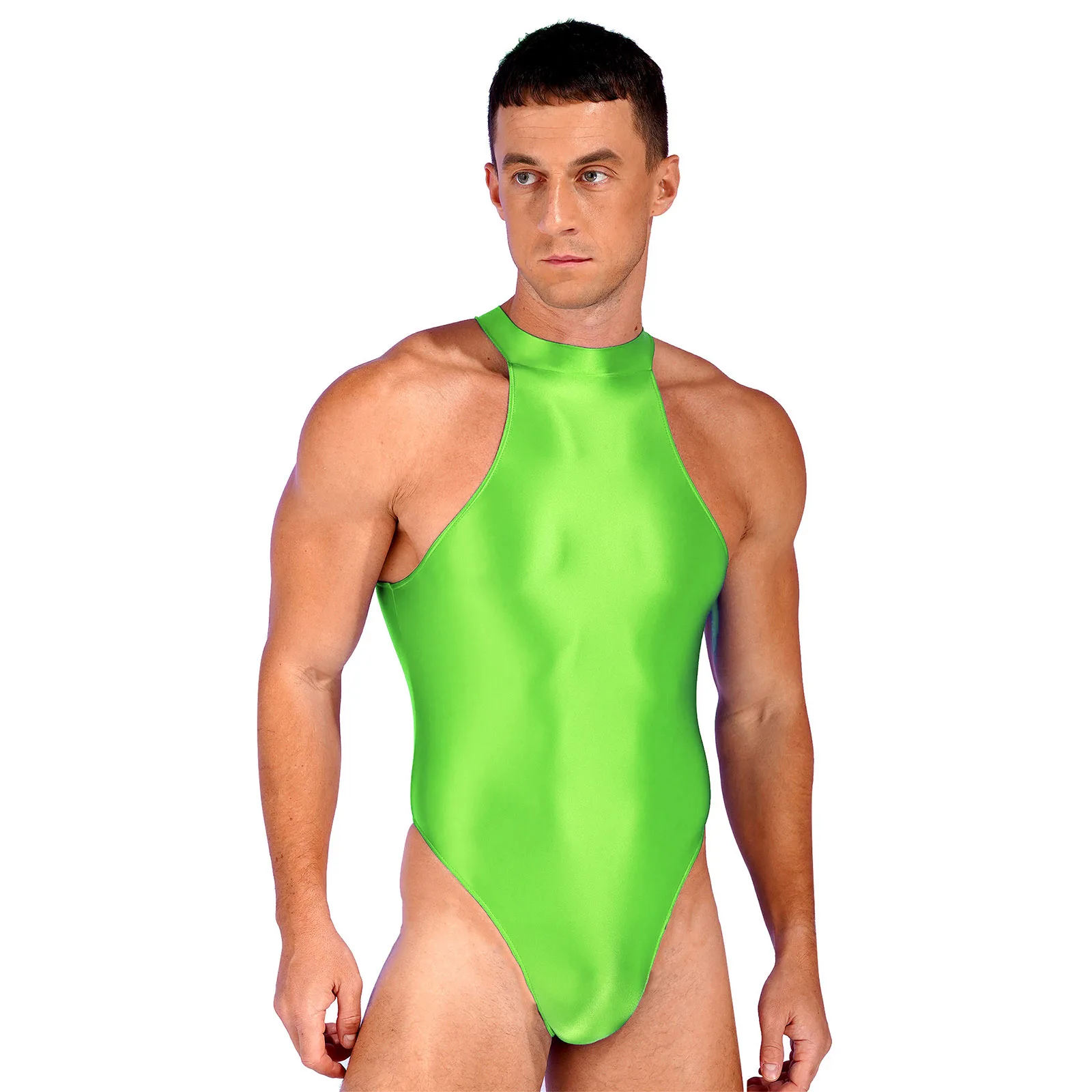 

Swimwear Mens Glossy Mock Neck Back Zipper Bodysuit Solid Color Sleeveless Leotard Gymnastics Fitness Training Swimming Suit
