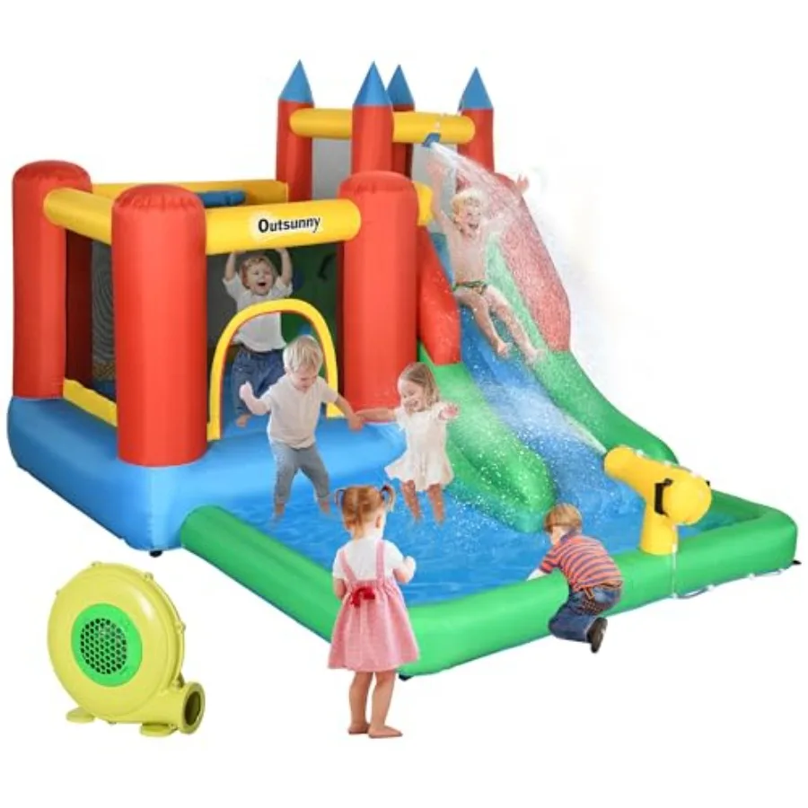 Backyard outdoor water play: PVC inflatable bounce house with pool, water cannon, climbing wall; blue and yellow; 6-in-1 fun, i