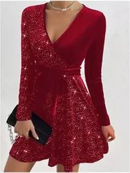 4 Color Sparkling Mini Dress Women's Sexy A-Line Long Sleeved Dress Spring Autumn Party Solid Color Dresses New Year