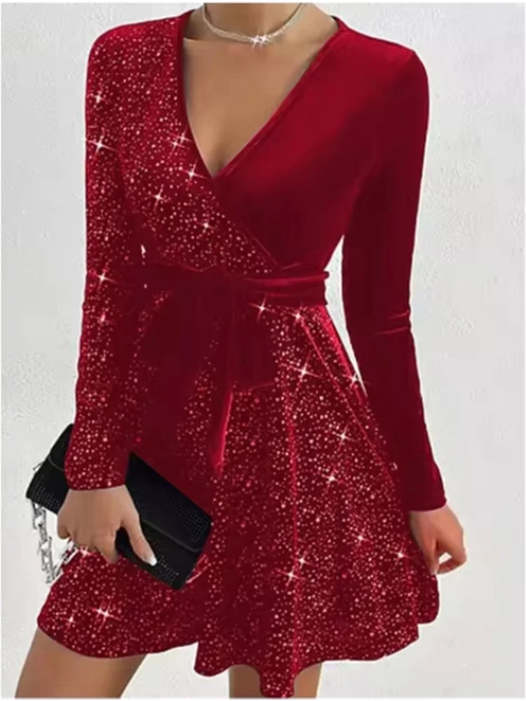 4 Color Sparkling Mini Dress Women's Sexy A-Line Long Sleeved Dress Spring Autumn Party Solid Color Dresses