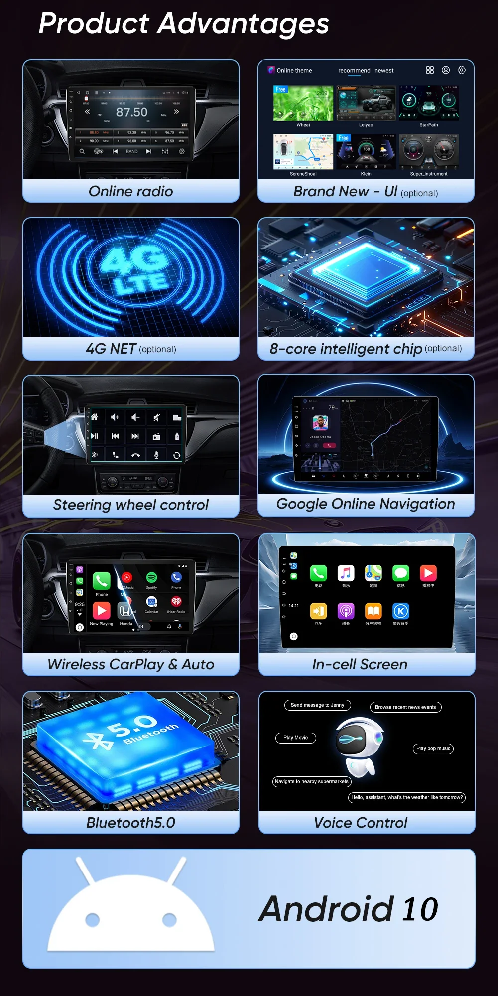 TS18A T100 2Din Android10 9/10 Inch Car Radio GPS WIFI CarPlay DSP IPS Multimedia Player For Toyota VW Hyundai Kia Honda
