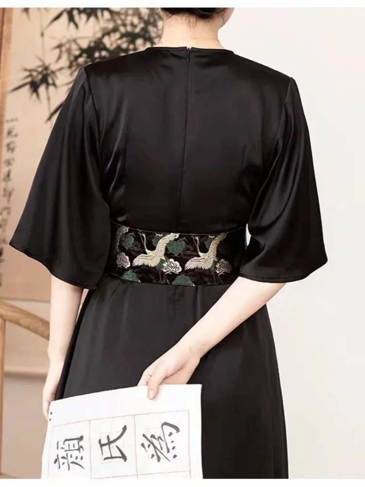 Cintura larga da donna in stile retrò, gru di colore nero con stampe per tutte le partite, cintura per abiti, kimono Obi, accessori Hanfu
