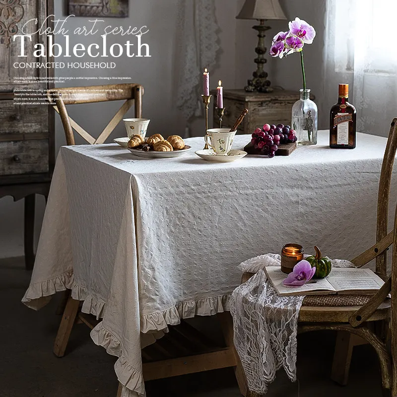Nordic style simple high-end jacquard tablecloth French retro white hemp rectangular coffee table mat dining table fabric