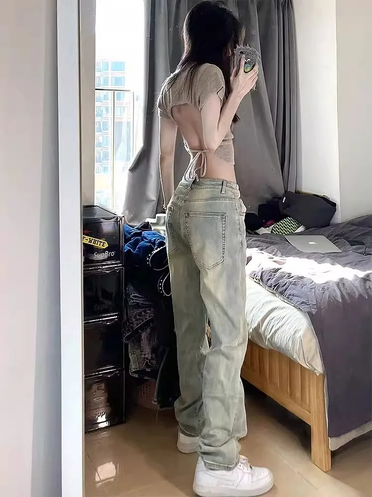 

High Waist American Mud Dye Washed Straight Leg Jeans Women's Spring Autumn plus Size Slim Fit Denim Pants Trendy Street Style