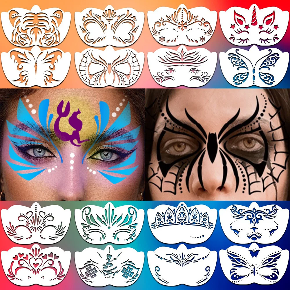 16Pcs Reusable Face Paint Stencils Set for Kids Adults Body Art Stamps DIY Graffiti Aids Tattoo Templates Stage Halloween Makeup