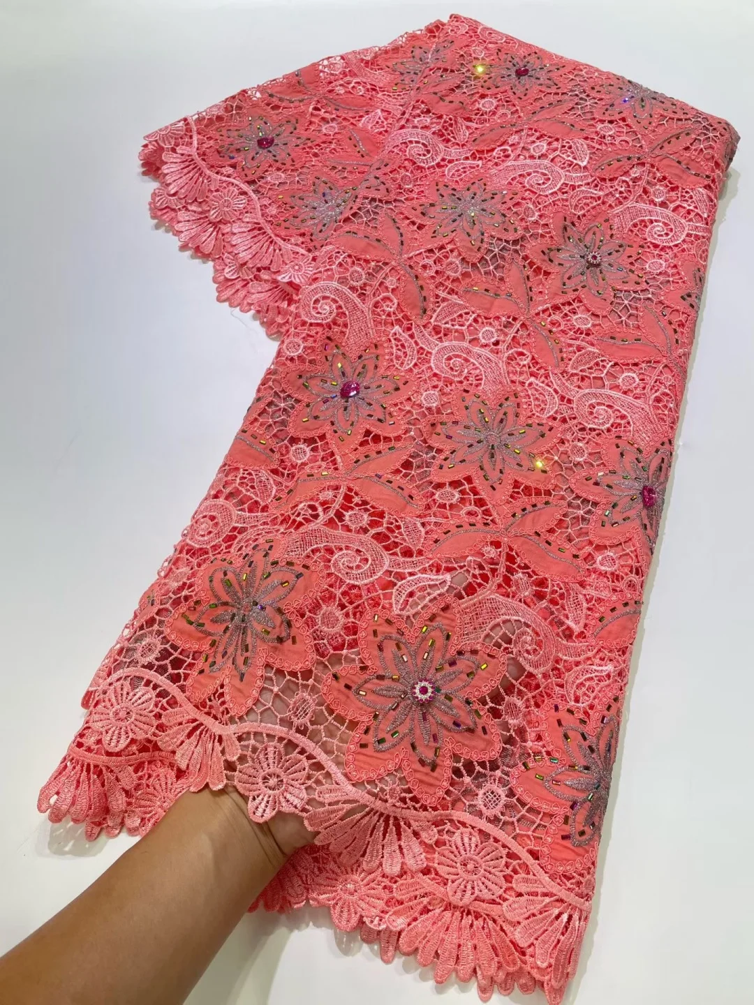 AT2850 Nigerian Water Soluble Fabric and Lace Newest Sequin Guipure Cord Lace Embroidered for Women Wedding Dress Sewing 5Yards