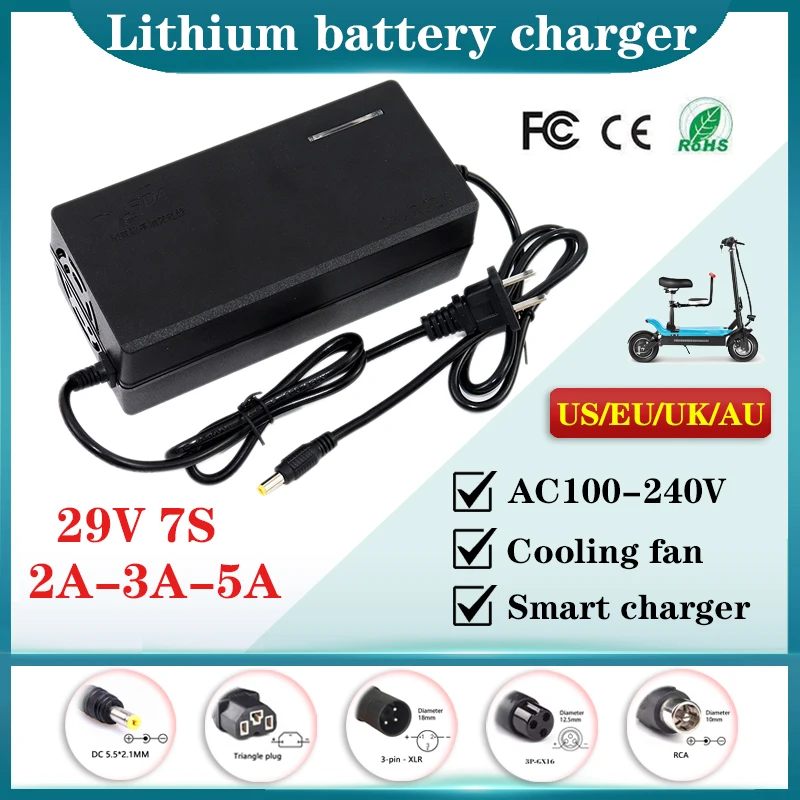 29V 2A 3A 5A ebike Lithium Battery Smart Charger AC100-240V For 7S 24V 25.9V 29.4V E-tool Two wheelers Li-ion Cell Fast Charging