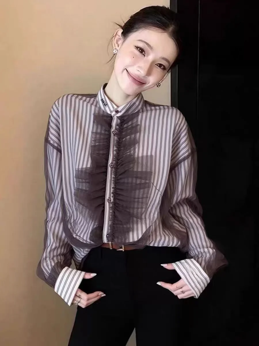

Elegant Stripe Shirt French Style Loose Fit Long Sleeve Women's Top Age-Defying Versatile Spring 2026 Fashion Trend