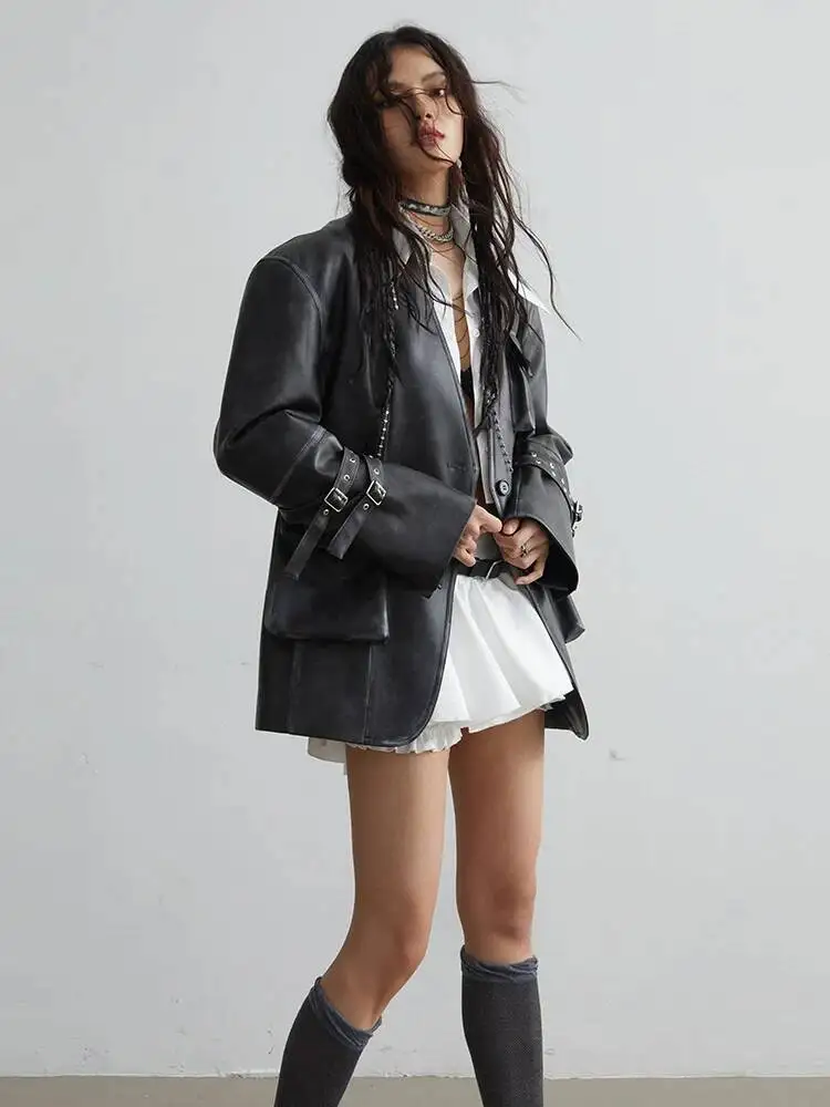 HUISONG فضفاضة تناسب جيب أسود حجم كبير بولي Leather سترة جلدية جديدة التلبيب كم طويل المرأة معطف موضة ربيع الخريف 2025 #6