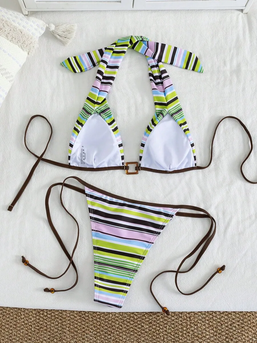 

Striped Halter Triangle Bikini Top With Adjustable Tie Straps And Matching Low Rise High Cut Bottom