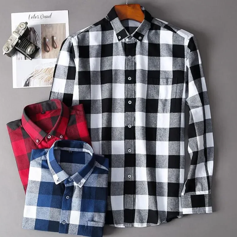 Mens Plaid Brushed Flannel Long Sleeve Shirts Single Pocket Comfortable Casual Cotton Fashion Slim Fit Button Down Shirts Clothe