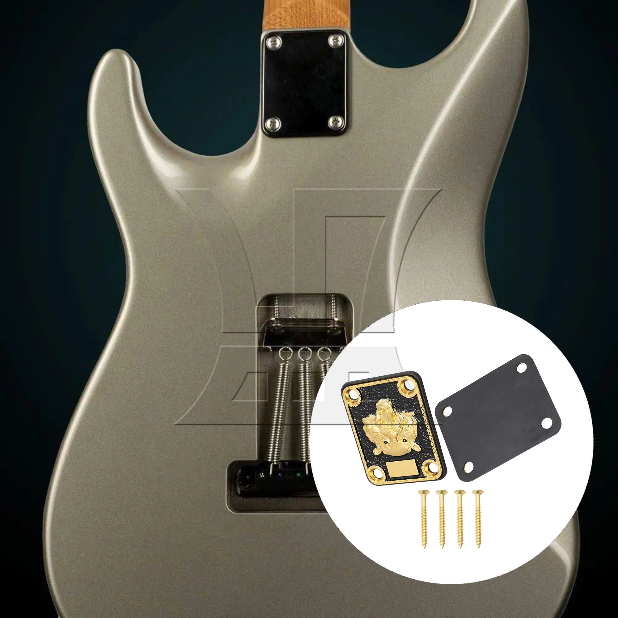 

Yibuy Animal Head Pattern Guitar Neck Plate Golden and Black with Screwdriver Set