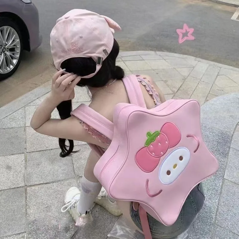 Hello Kitty ransel PU kapasitas besar wanita, ransel PU kapasitas besar bintang berujung lima kreatif lucu Jepang y2k gaya hottie manis untuk wanita