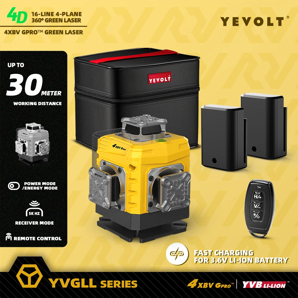 

YEVOLT ​​YVGLL4XS16G Laser Level: 4-Plane Green Laser Lines(515nm), ±4° Auto-Leveling - Metal Base Dustproof & Shockproof