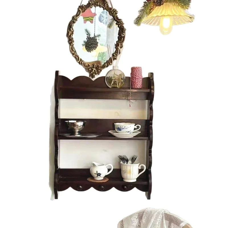 

American retro solid wood antique cup holder Internet celebrity wall wall teacup hanging coffee cup storage cabinet rack