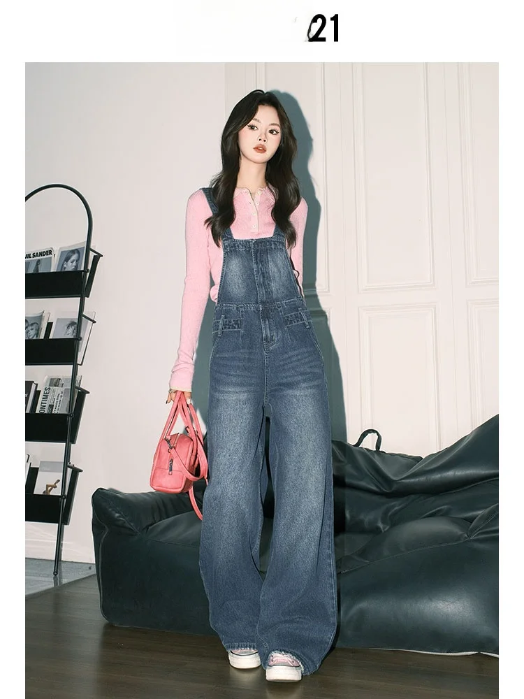 

Deep Blue Wide Leg Denim Overalls Women's High Waist Loose Age-Defng Straight Cut Overall Pants Forever 2 Trendy Item
