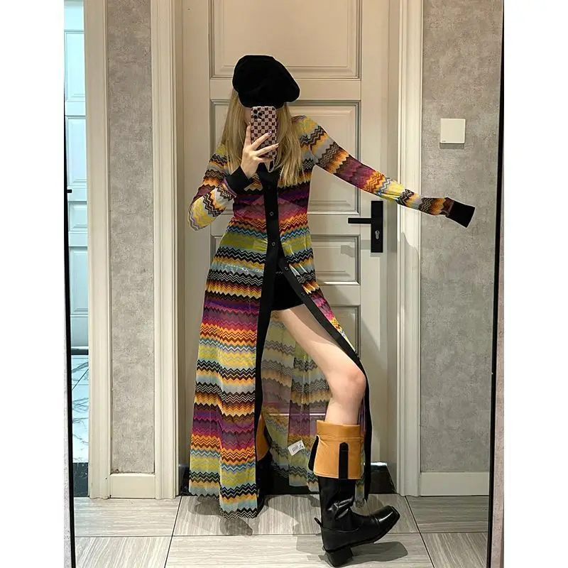 Colorful Striped Cardigan Mid Length Design Sense 2024 Summer New Style Temperament Sweet and Spicy Style Sun Protection Dresses