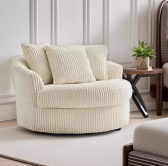 Cream-colored round rotating lazy sofa chair for homestay bedrooms in modern flannel style