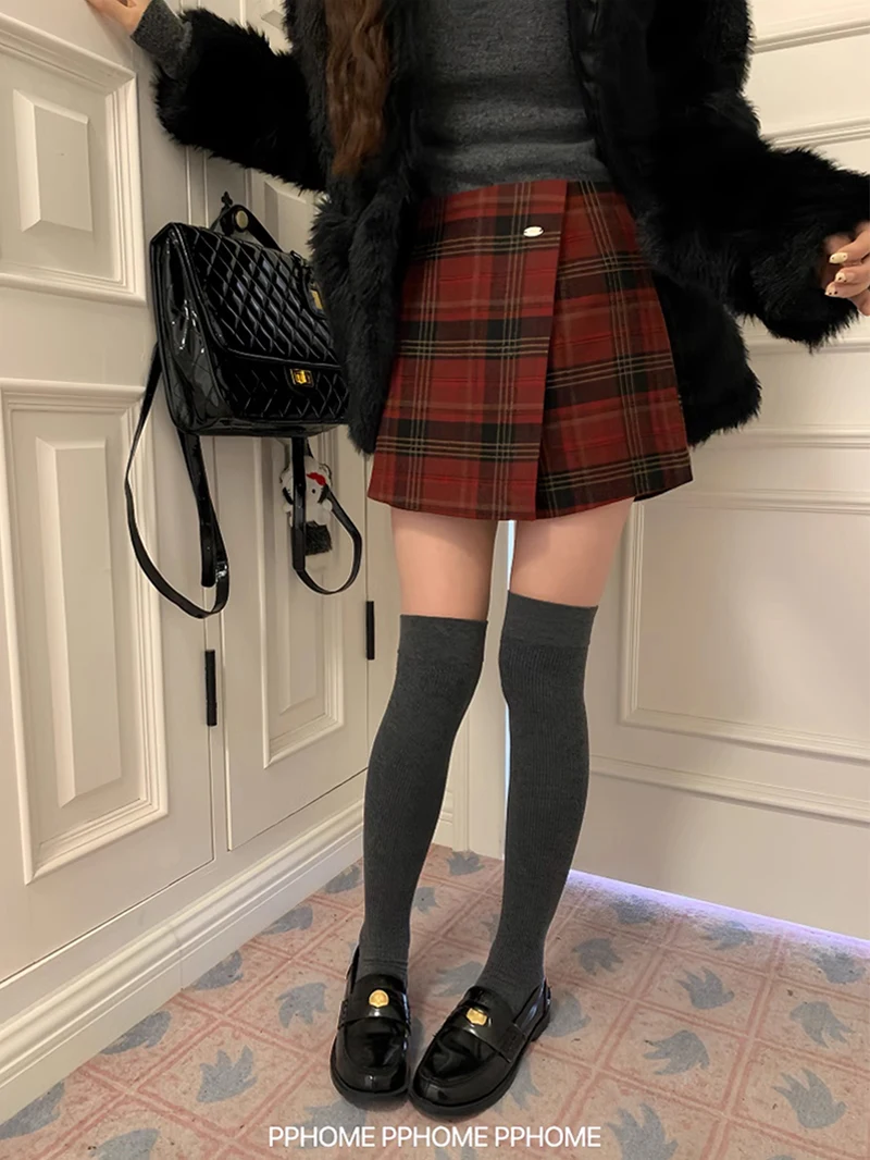 Women's Autumn Winter Wool&blend Irregular Mini Skirt Lady Streetwear High Waist Plaid Irregular Short Skirt