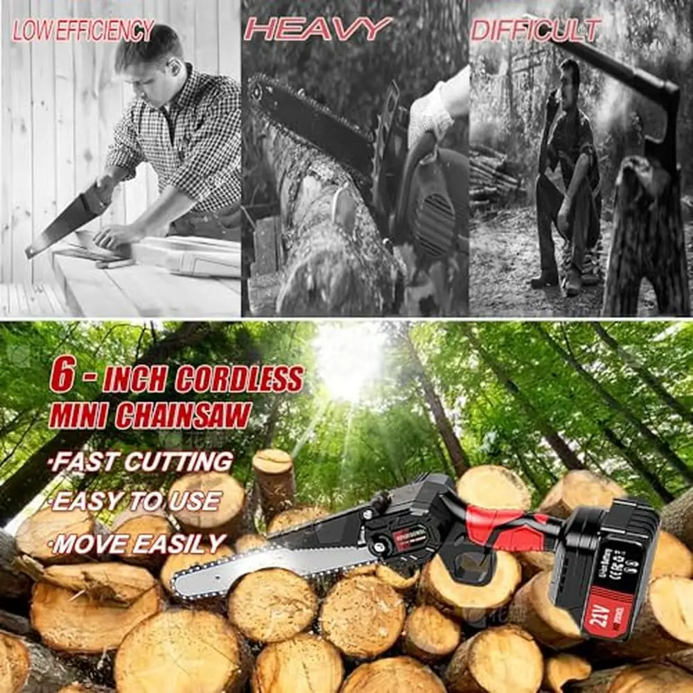 6 Inch Cordless Mini Chainsaw Portable Battery Powered Electric Saw 21V Handheld Chain Saw Wood Cutting Pruning Garden Work