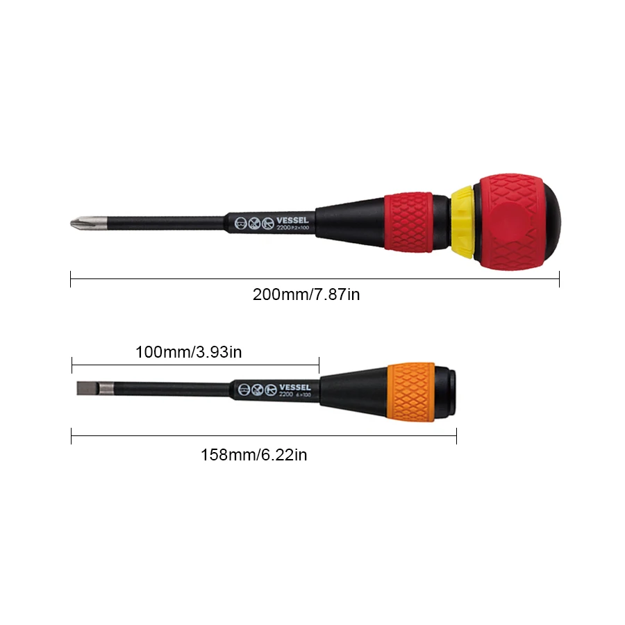 VESSEL 5 Pcs Ball Ratchet Grip Screwdriver Set Suitable for Phillips and Slotted Screws  NO.2200 5Pcs Set