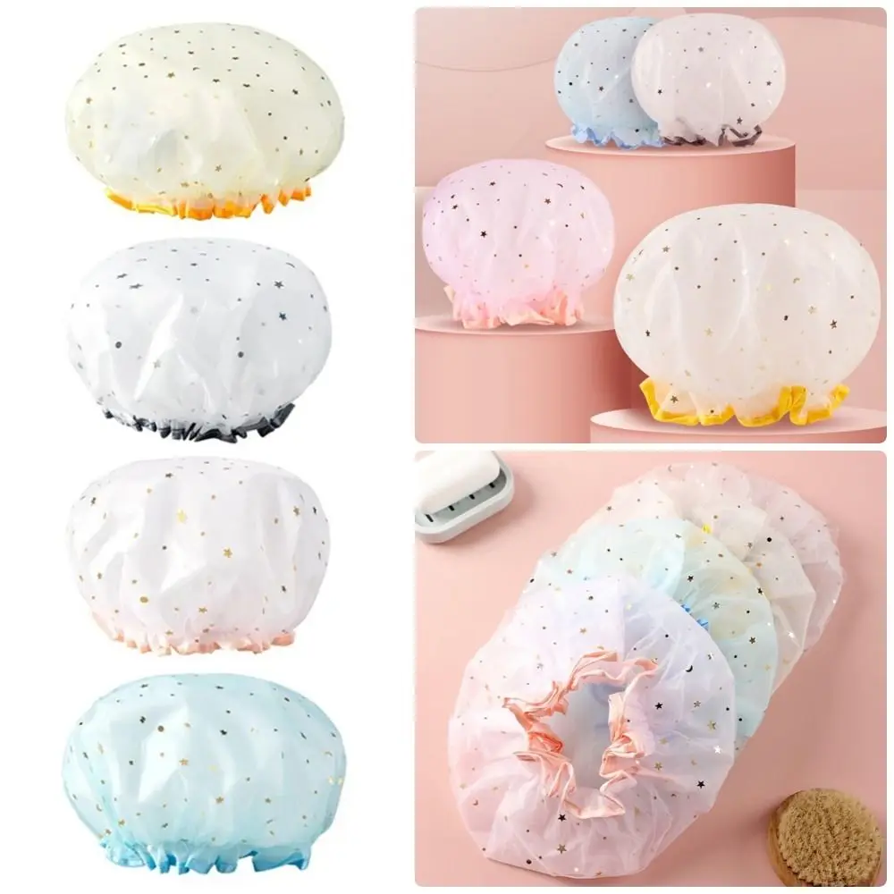 1/2Pcs Double Layer Shower Cap Star Pattern Waterproof Thick Bath Hat With Elastic Band Bathroom Salon Supplies Women Bonnets