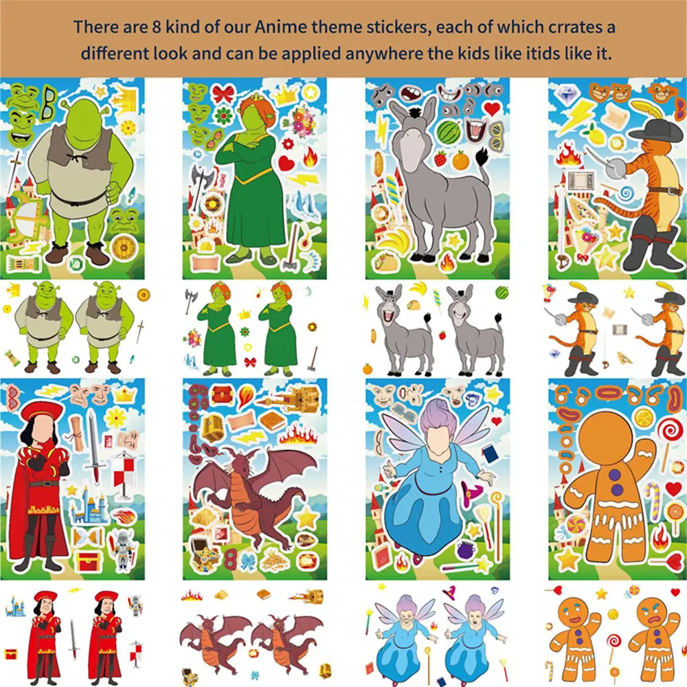 16 sheet Shrek  Puzzle Stickers Make a Face Donkey Cartoon Children Game Creative Assemble Jigsaw Toys For Kids Girls