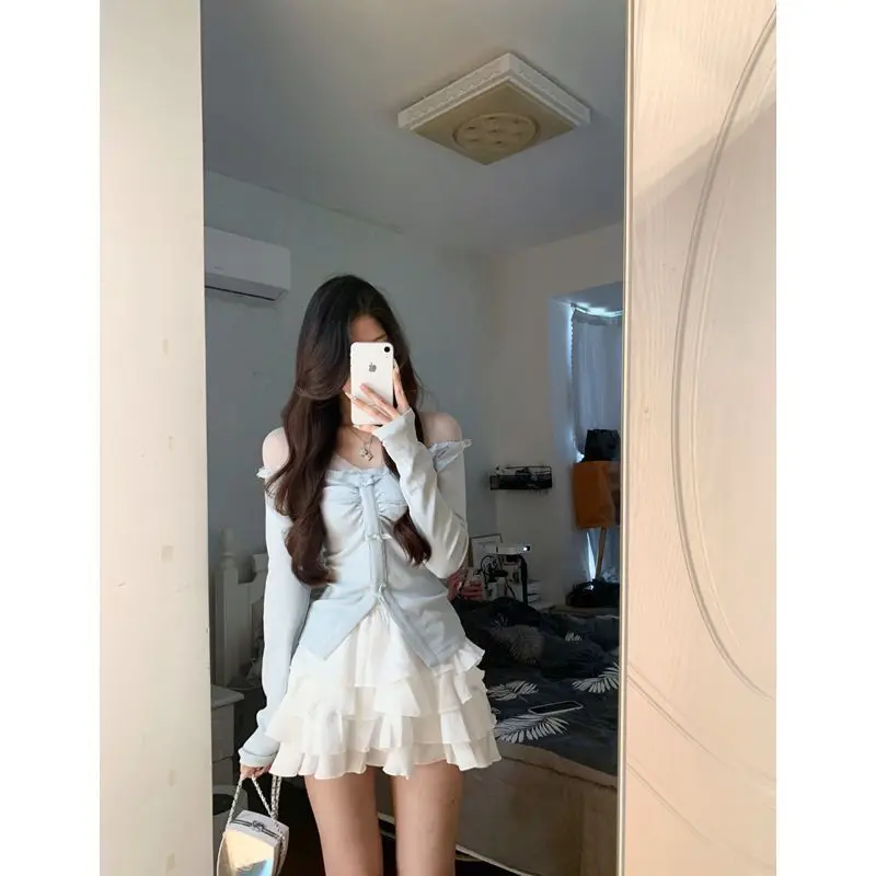 Sets for Women 2 Pieces Outfit New in Matching Set Y2K Two Piece Set Korean Fashion Long Sleeve Elegant Top and White Skirt Cute