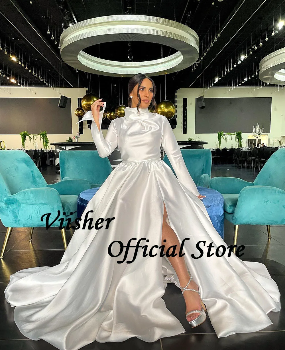 Viisher White A Line abiti da sposa manica lunga collo alto elegante abito da sposa civile abito da sposa in raso drappeggiato con spacco laterale