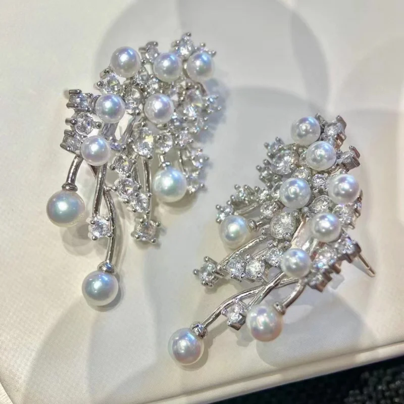 

SGARIT Pearl Fringe Earrings 925 Sterling Silver Freshwater Pearls with Zircon Inlaid Dangle Women's Earrings Luxury Jewelry