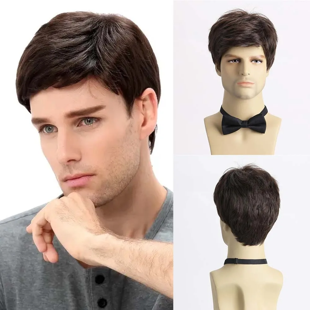 Short Men's Dark Brown Wig Synthetic Hair Straight Wig For Male Hair Flyffy Realistic Hair Heat Resistant for Daily Party