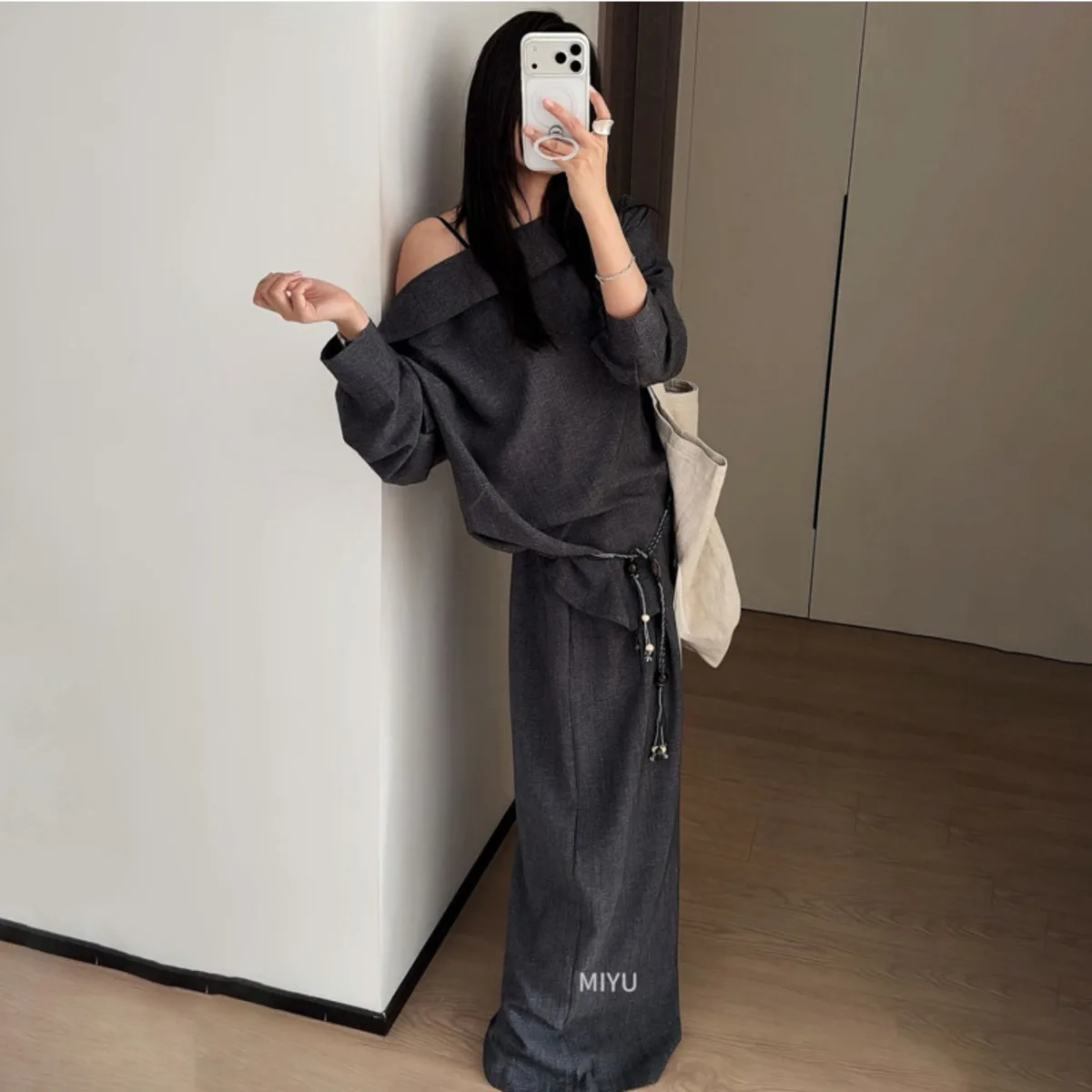 

VTKW 2026 New Arrival Women Two Piece Pants Set Off Shoulder Draped Blouse Beaded Belt Loose Fit Wide Leg Trousers Chic Outfit