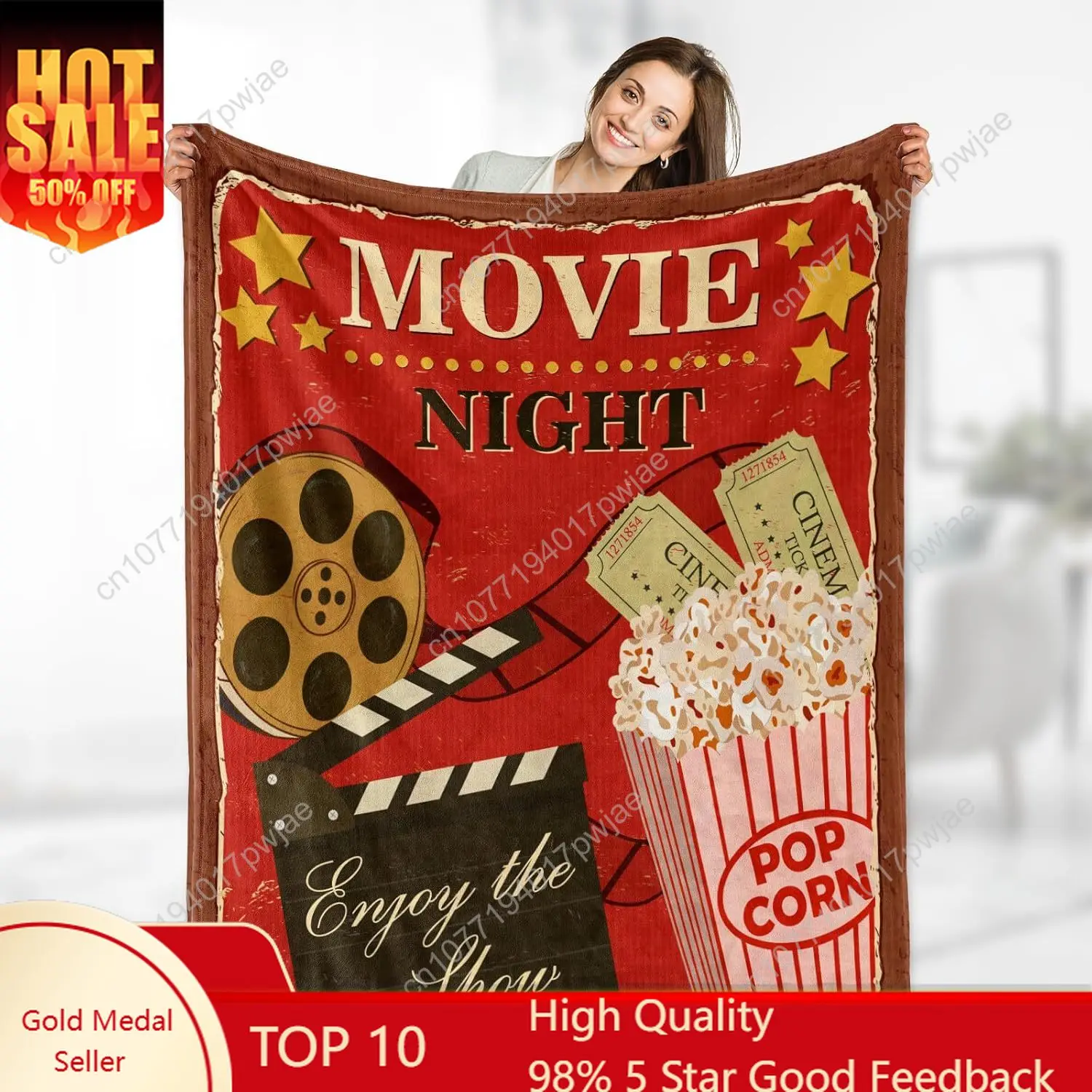 Movie Theme Blanket Gifts - Vintage Cinema Popcorn Movie Reel Modern Retro Decor Soft Throw Warm Lightweight Fleece Cozy Fuzzy B