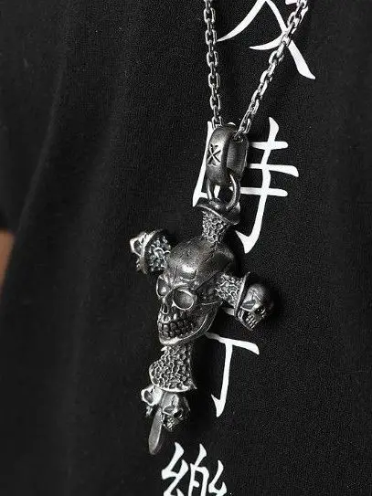Retro Skull Pendant Cross Necklace 925 Silver Bold Unisex Punk Sweater Chain Accessory  out Fashion Jewelry Pendant
