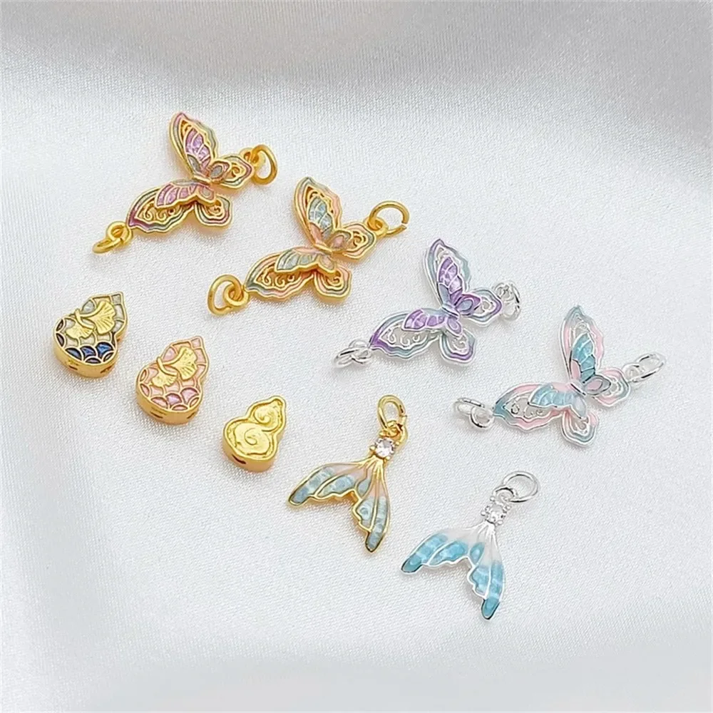 

Silver 18K Sand Gold Double Pendant Gradient Butterfly Ginkgo Leaf Gourd Fish Tail Pendant, DIY Handmade Bracelet Pendant