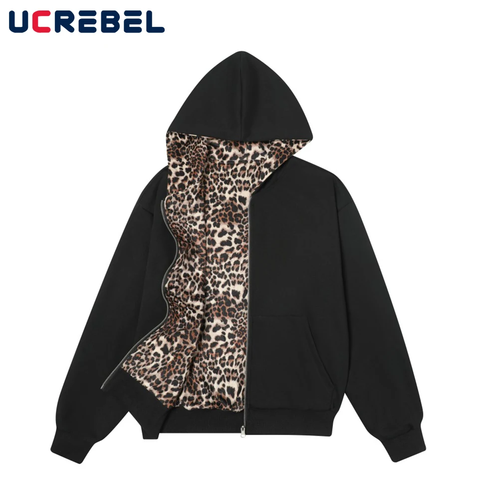 

Leopard Print Hooded Sweatshirts Mens Autumn Hip Hop High Street Loose Long Sleeve Hoodies Men Outerwear