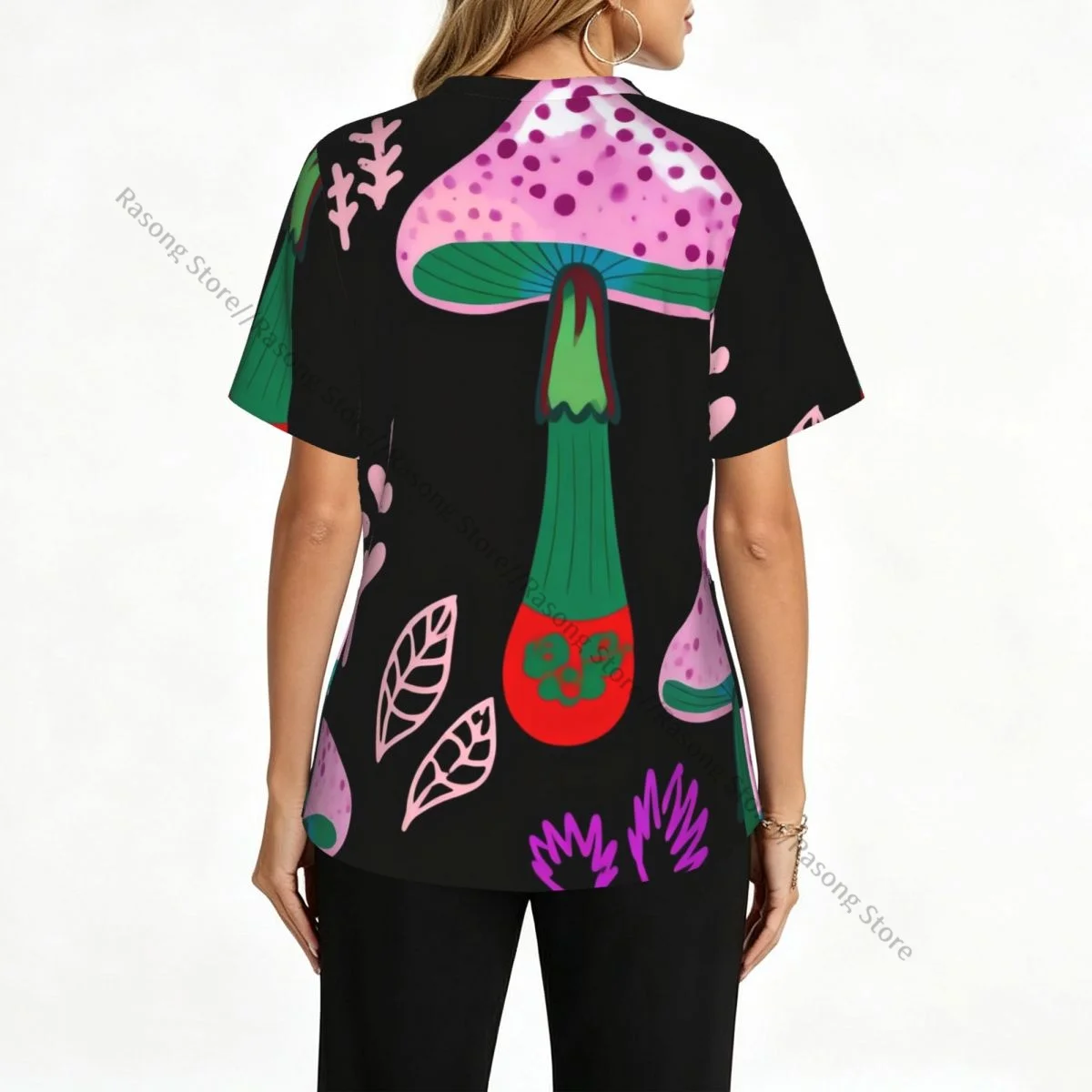 Women's Medical Scrub Top V Neck Short Sleeve Mushrooms Fly Agarics Pattern Stretch Nursing Uniform for Hospital Clinic