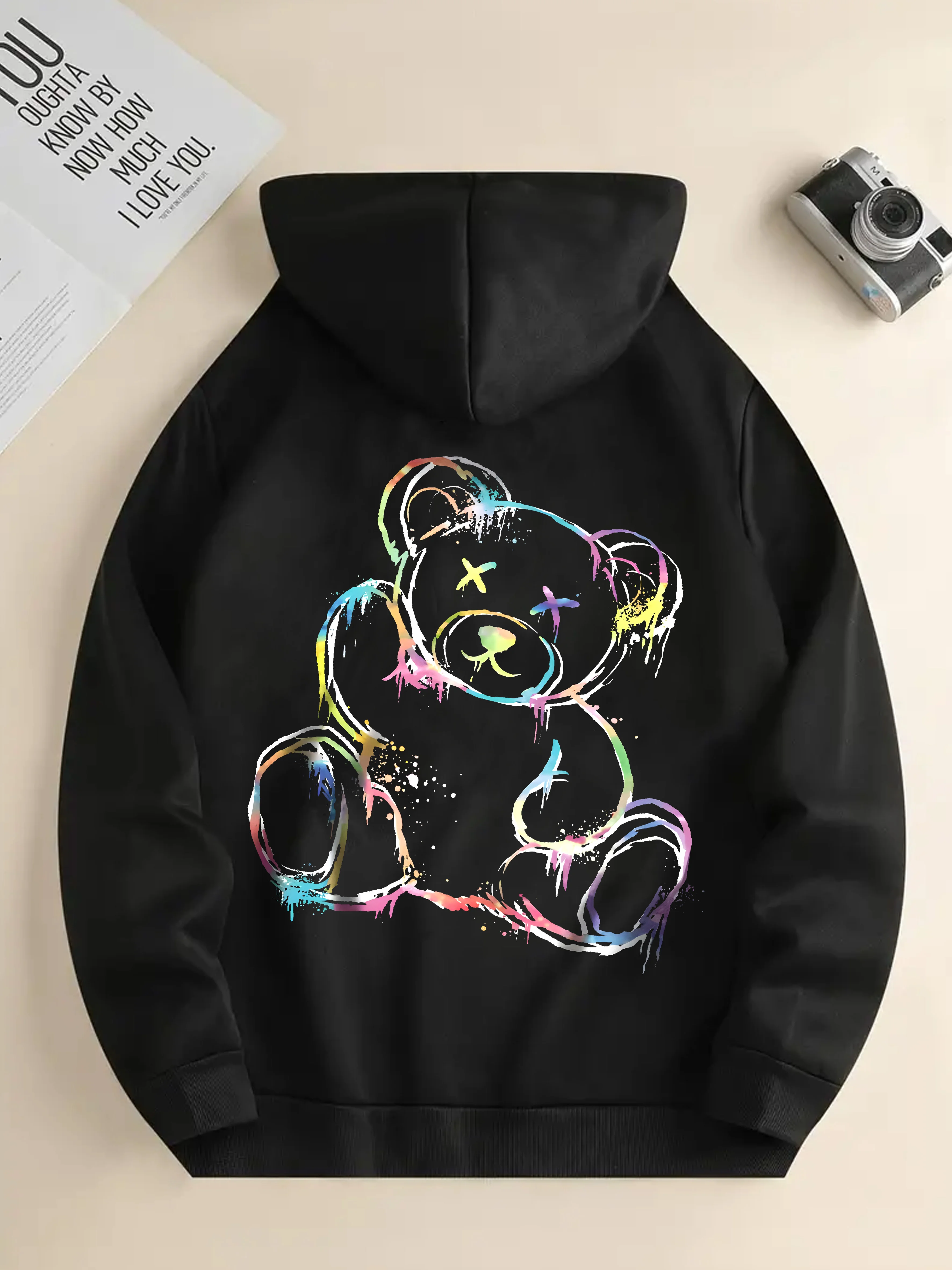 Vibrant and Cool Bear with Exquisite English Letter Print, Casual Style Hooded Drawstring Long-Sleeve Hoodie, Suitable for Winter and Autumn, Women's Apparel with Printed Kangaroo Pocket