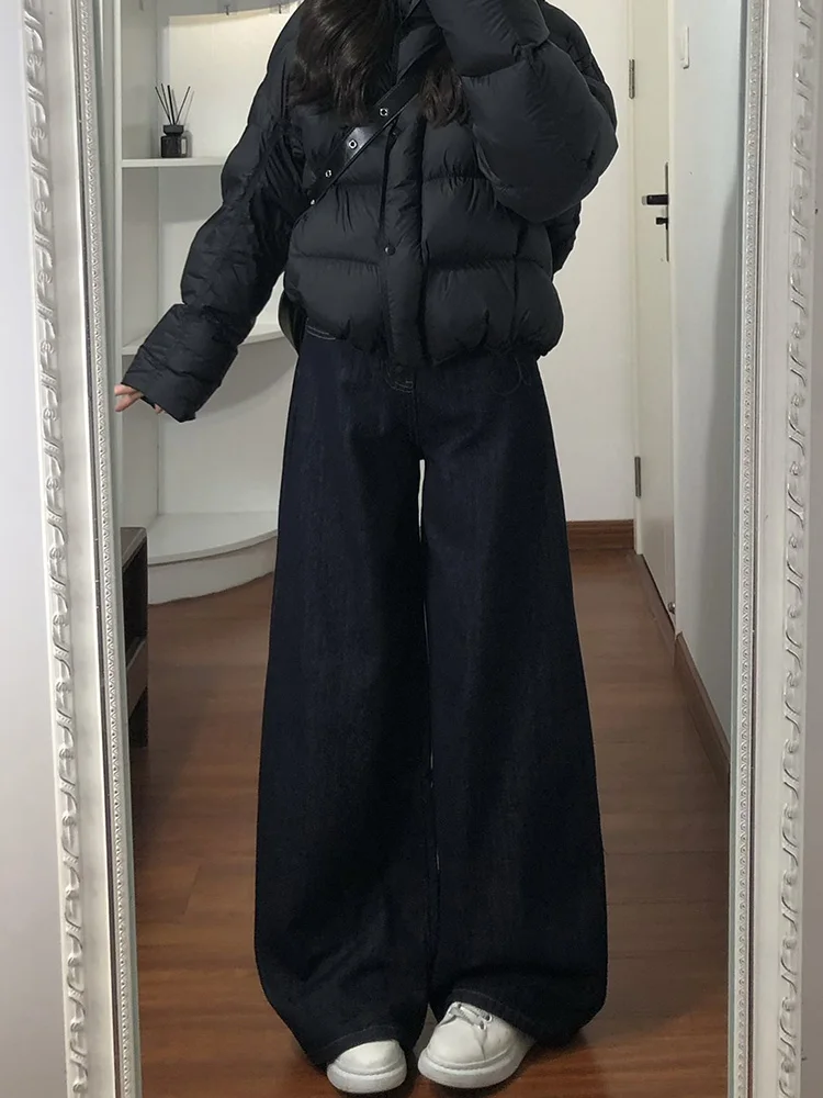 

Deep Blue Fce Lined Wide Leg Jeans Women's Loose Fit Straight Leg Lazy Sensation Trousers Winter New Sle Casual Jeans