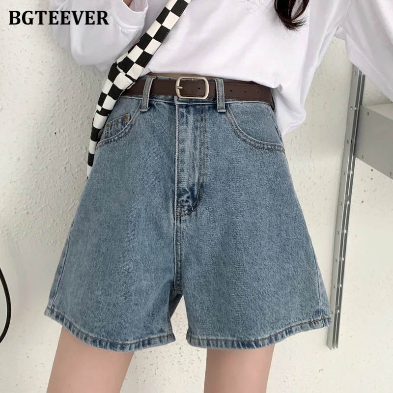 BGTEEVER Summer High Waist Button Female Denim Shorts Casual Loose Pockets Wide Leg Jeans Shorts for Women