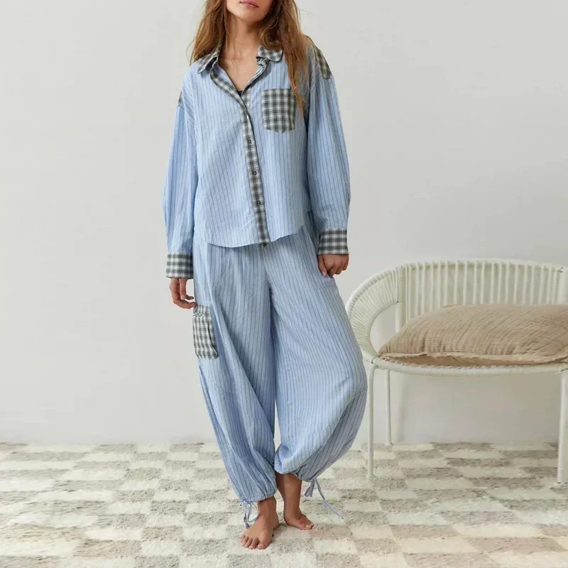 

Autumn Women Casual 2pcs Homewear Sleepwear Loose Vintage Plaid Shirt Suit Pajamas Lady Chic Spring Sweet Pocket Long Pants Sets