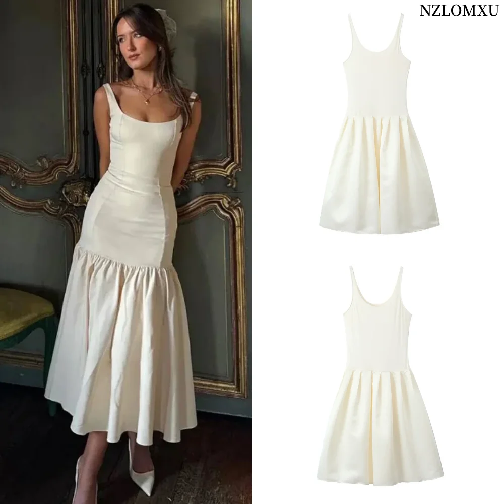 

Sleeveless Slip Long Dresses Women Patchwork Beige Midi Dress Woman Backless Tank Satin Dress Casual Elegant Women's Dress