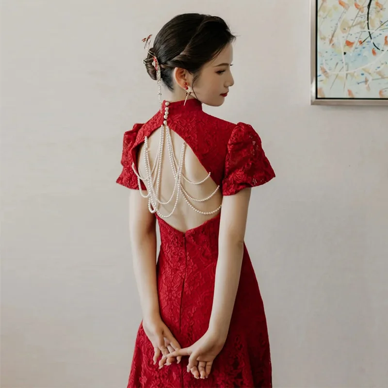 Elegant Lace Flower Wedding Dress Backless Qipao Women Sexy Hollow Out Cheongsams Bride Vestidos Chinese Dresses Ball Gown