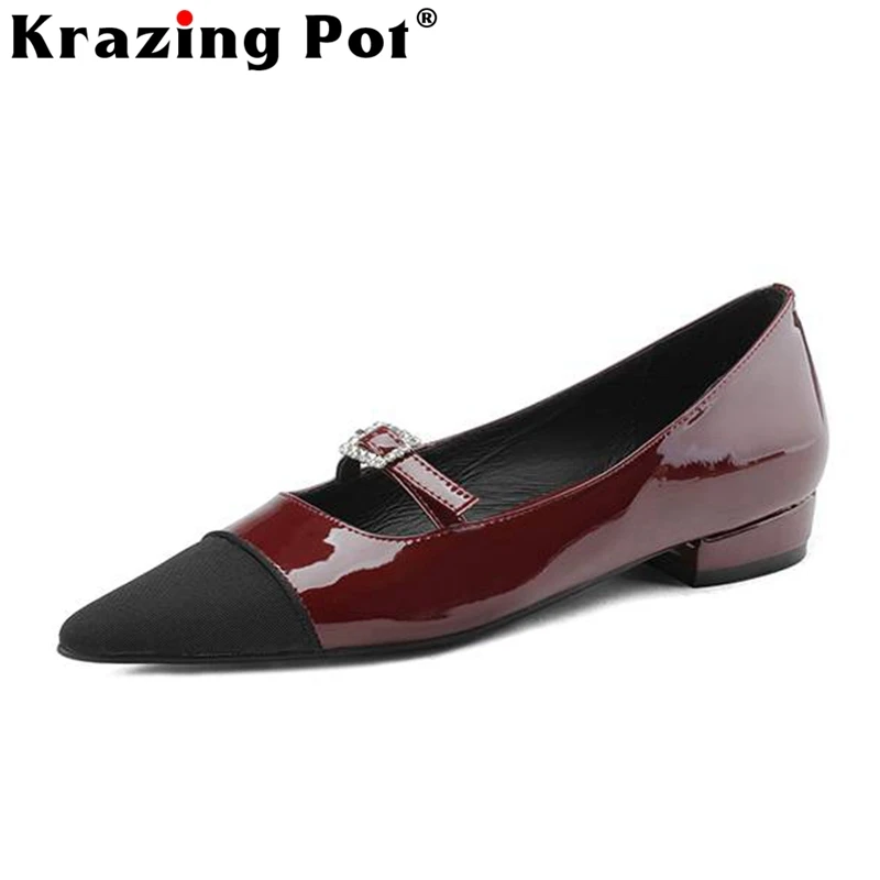 

Krazing Pot Hot Selling Cow Split Leather Pointed Toe Low Heels Spring Shoes Hollow Belt Buckle Grace Mature Slip on Women Pumps