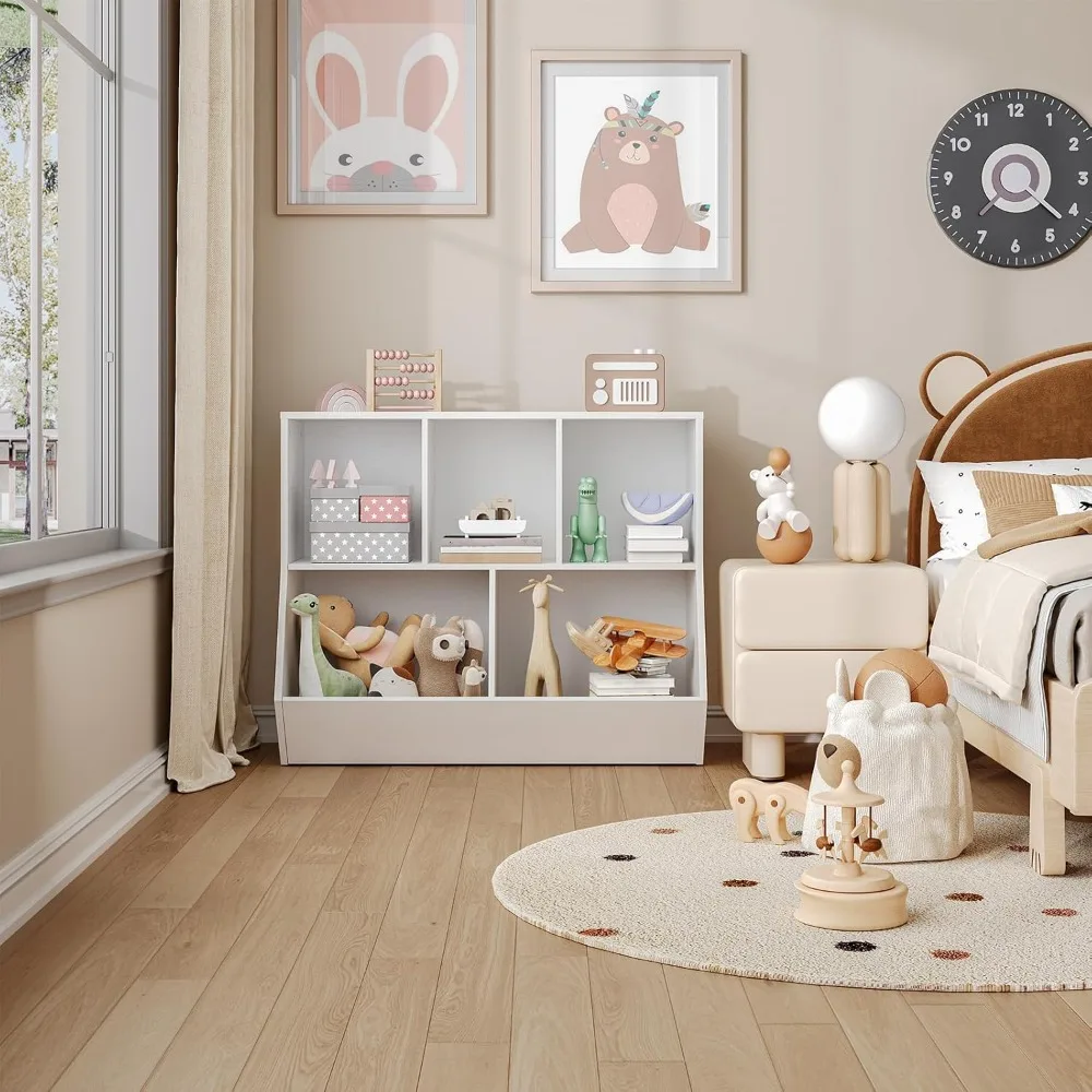 رف كتب تخزين للأطفال مع حجرة ألعاب، تصميم لوح للقدمين، سعة 35.4 لتر، مناسب لغرفة الأطفال #6