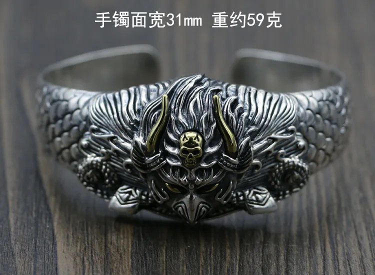 S925 Sterling Silver Devil Skull Head Golden Winged Dapeng Exaggerated Thick Bracelet Open Men's Dominant Personality Bracelet