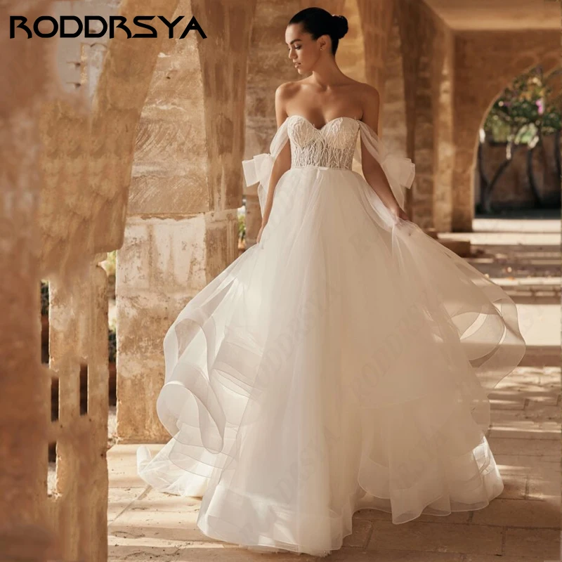 

RODDRSYA Ivory Sweetheart A-line Long Wedding Dress Bow Off Shoulder Bridal Party Lace Up Backless Sweep Train Vestido De Noiva