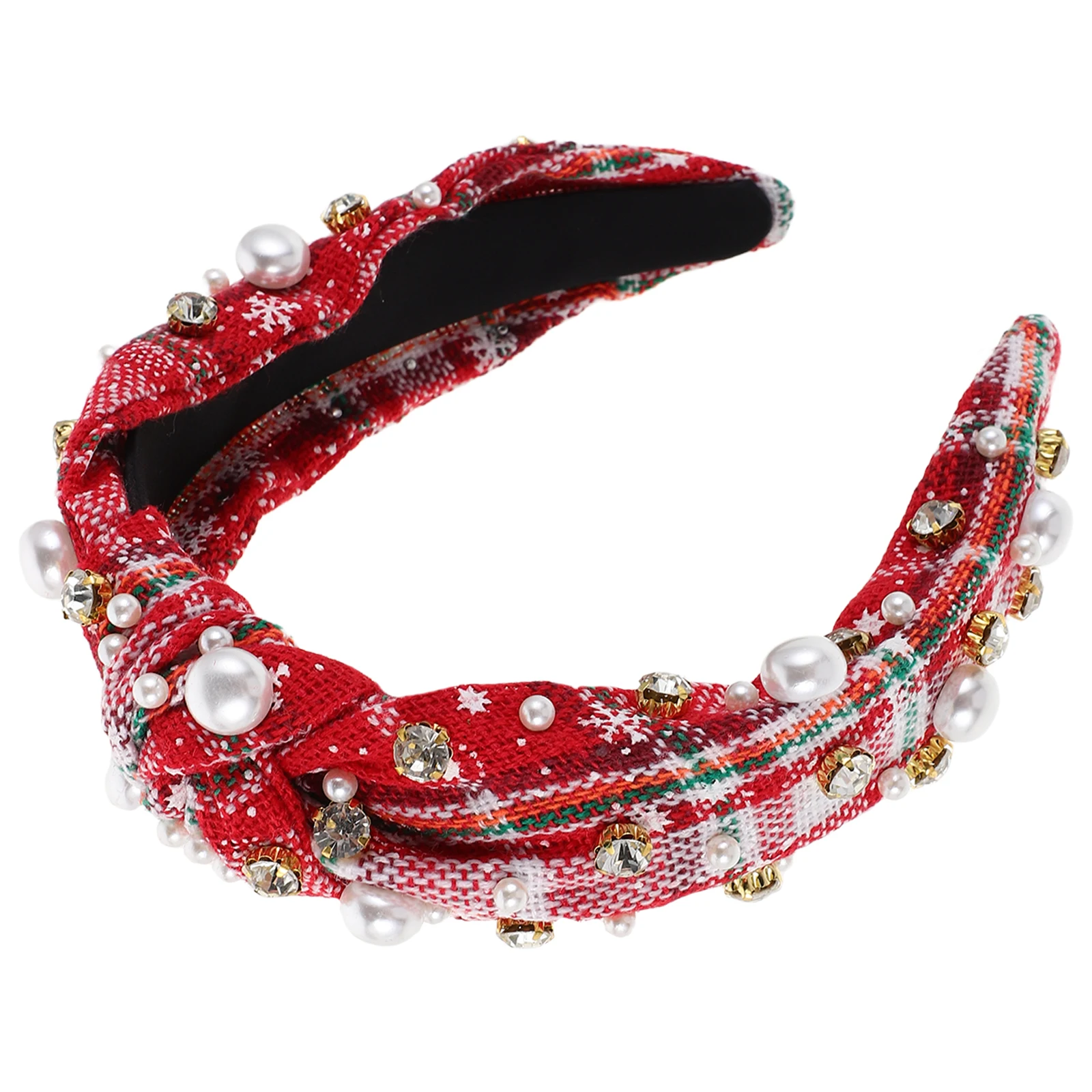 

Christmas Vintage Wide Knotted Headband with Imitation Pearls Rhinestones for Women Holiday Embellished Hair Accessory