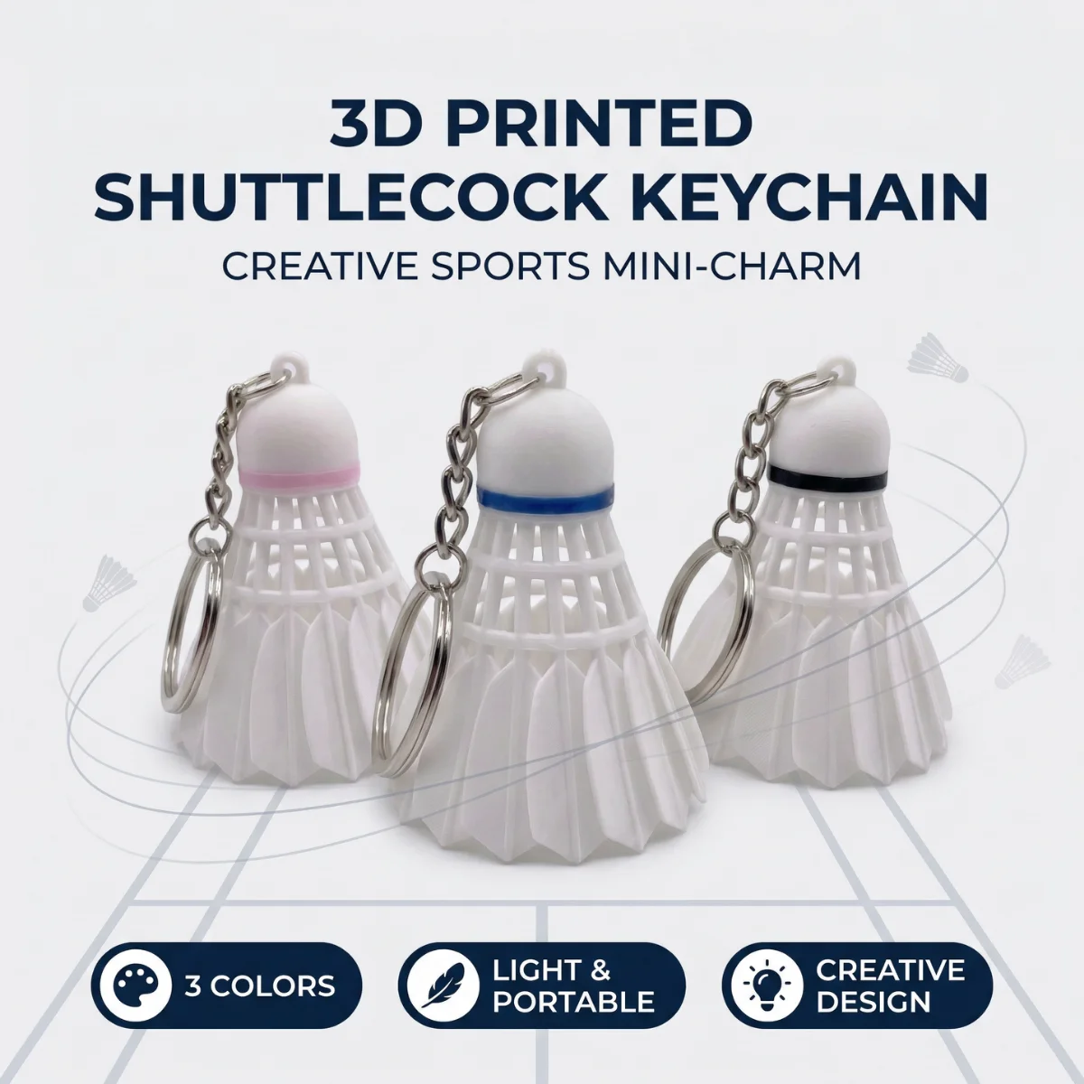 1PC Mini 3D Printed Lightweight Durable Plastic Badminton Shuttlecock Keychain Set, Sport Style Pink Blue Black Shuttlecock